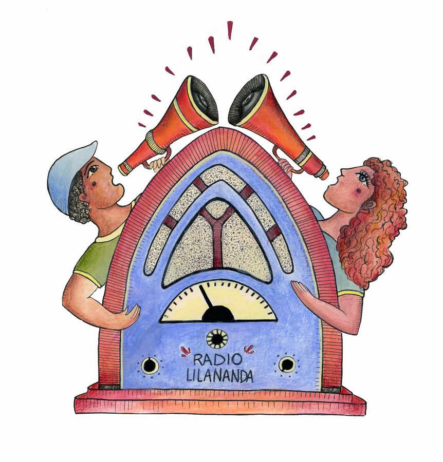 Dessin du poste de radio Lilananda, tenu par deux personnages brandissant des porte-voix